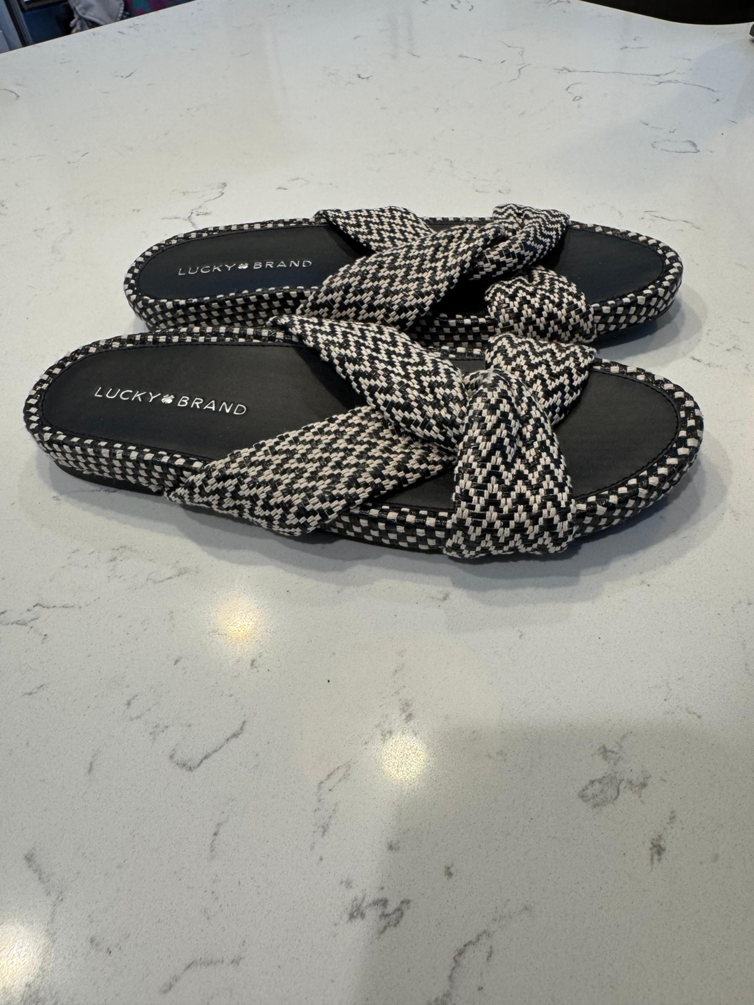 Lucky Brand Sandals Size 8 Fynna Woven Slide Leather Black White Boho