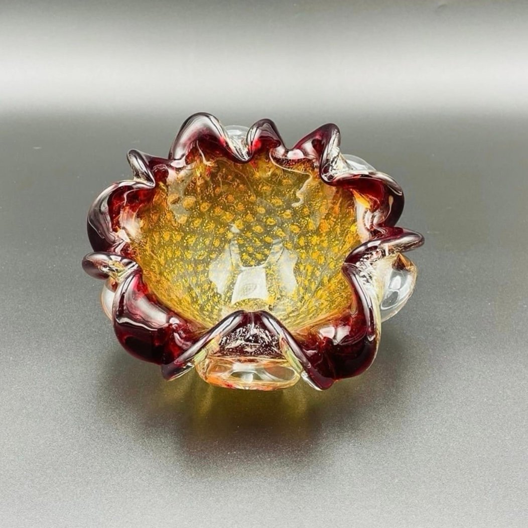 Murano Glass Bullicante Flower Petal Bowl Red Gold Silver Aventurine Glows Italy