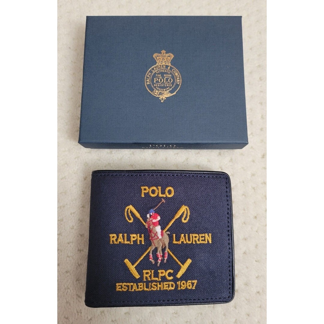 NWT Polo Ralph Lauren Crest Canvas Leather Billfold Wallet Newport Navy Gift Box