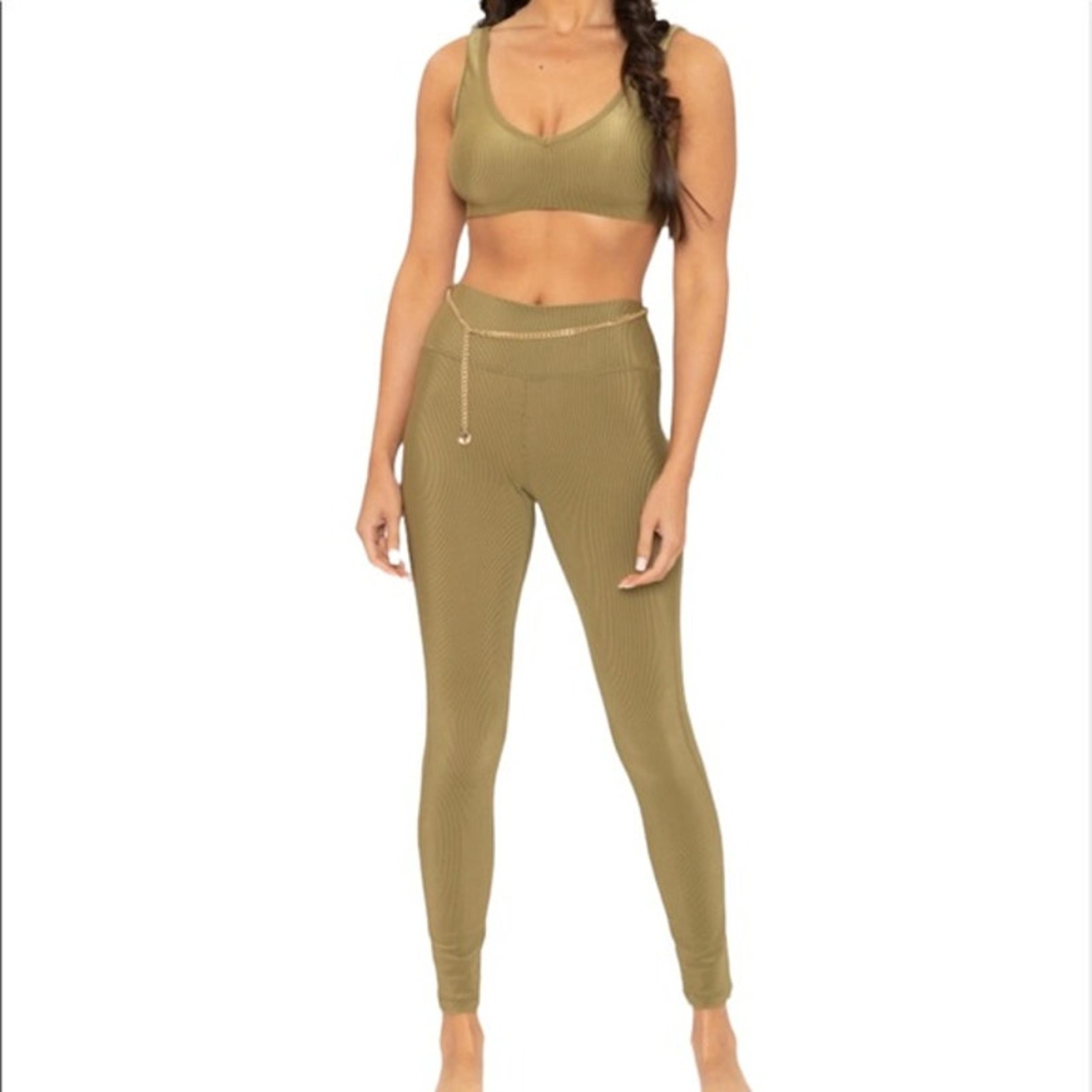 WeWoreWhat Womens Olive Green Ribbed Legging Stretch Athletic Pants Size Large