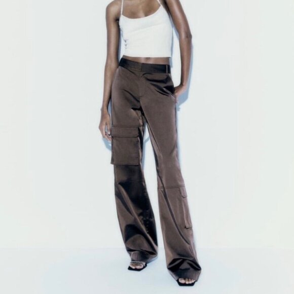 Zara Cargo Satin Effect Multi Pocket Pants Chocolate Brown Size Small