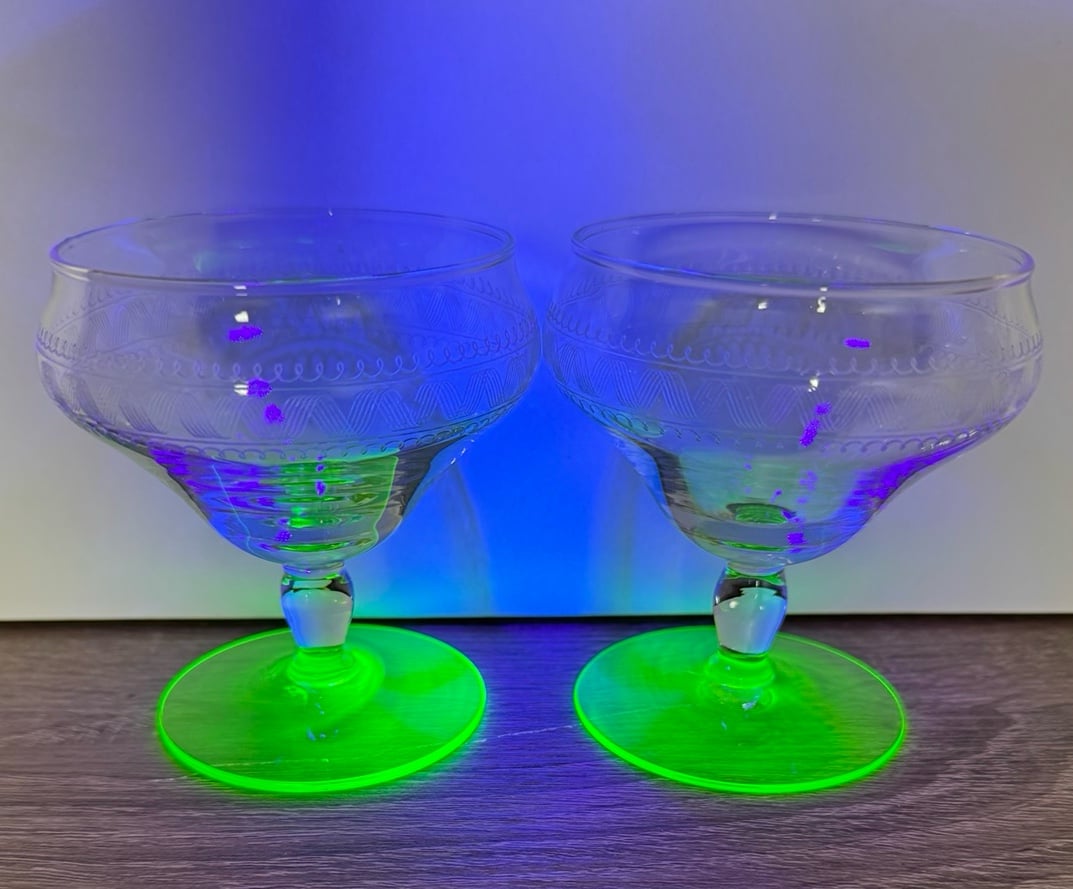 Vintage Tiffin Franciscan Needle Etched Uranium Glass Sherbet Glasses (set of 2)