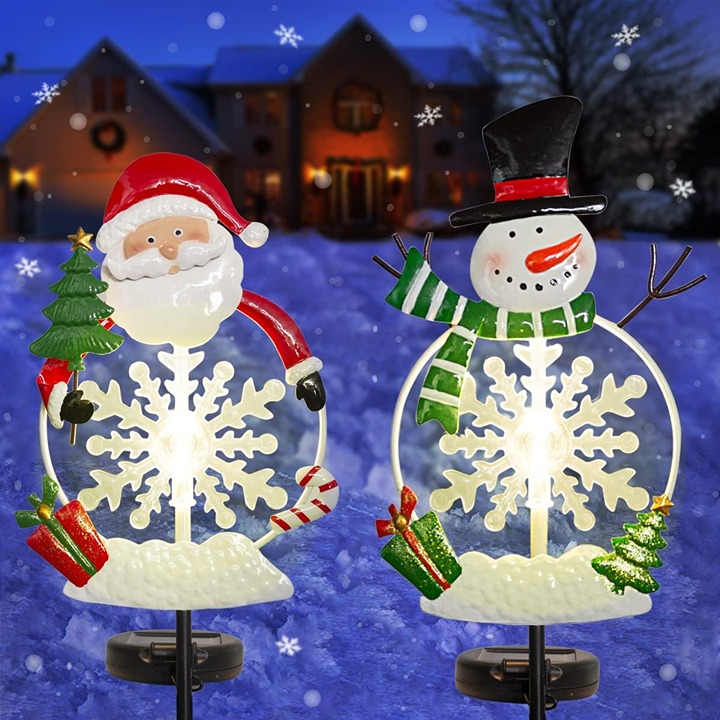 Christmas Decorations Solar Garden Stake Lights - 2 Pack Metal Santa and Snowman