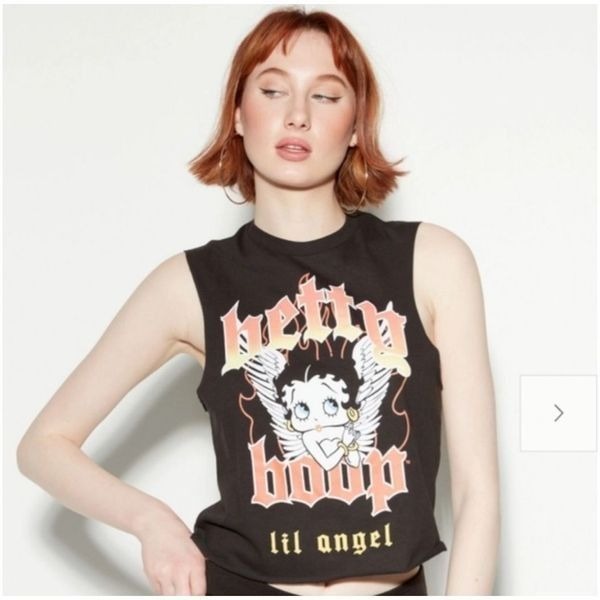 BETTY BOOP Tank Top Women’s XL Black Lil Angel Print Sleeveless Cut Out Cropped