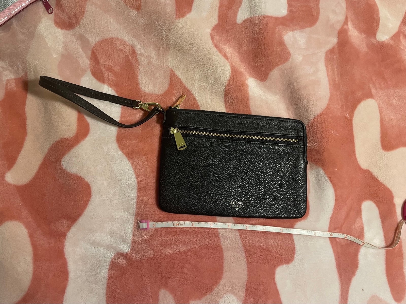 New Fossil Leather Double Zip Black Wristlet