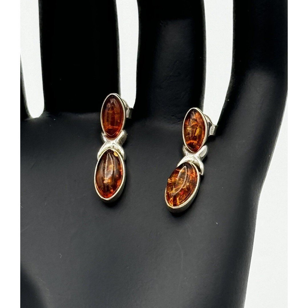 Vintage Amber Sterling Silver 925 Post Stud Tear Drop Dangle Earrings 1 Long