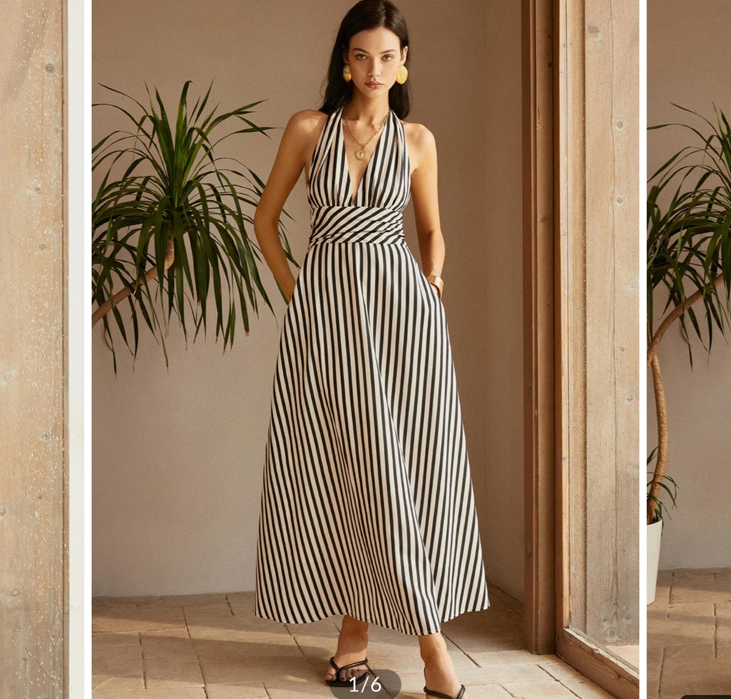 Commense Womens Black & White Stripe Long Flowy Maxi Dress Size M NWT Halter