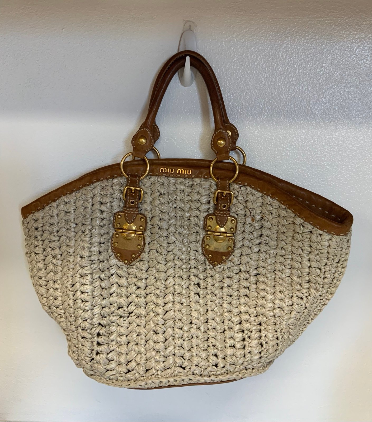 Miu miu straw knit tote bag