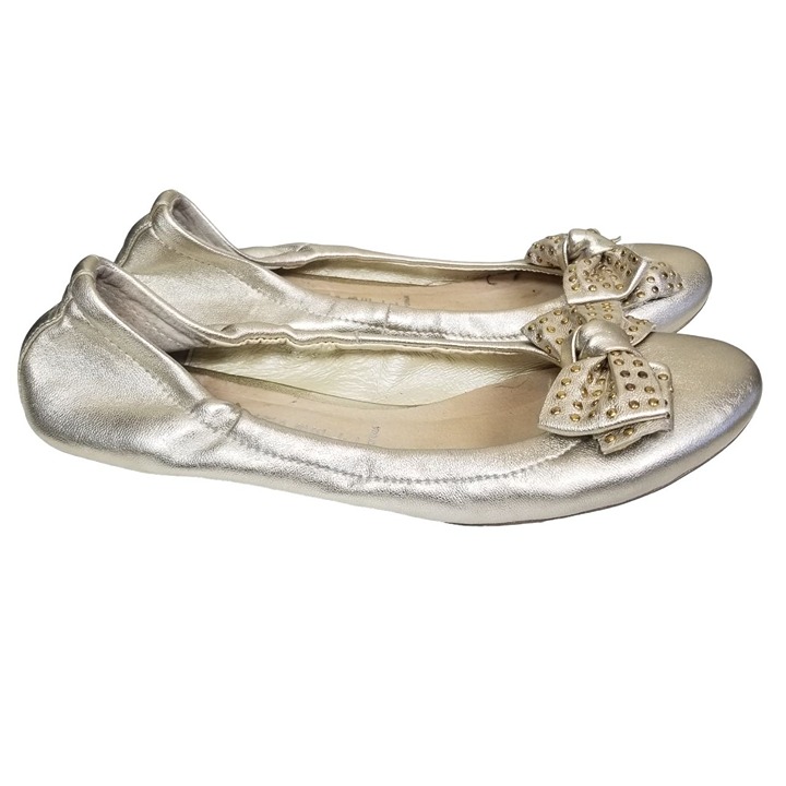Jeffrey Campbell Womens 9 Gold Leather Slip On Studded Bow Haley Ballet Flats