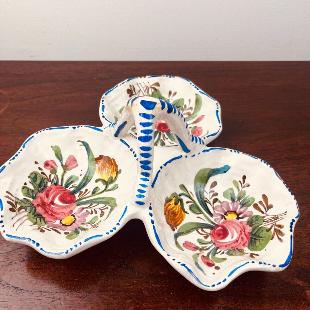 Vtg Italian Ceramic Trio Dish Nova Rose Candy Dip Salsa Tapas Dish Home Cottage