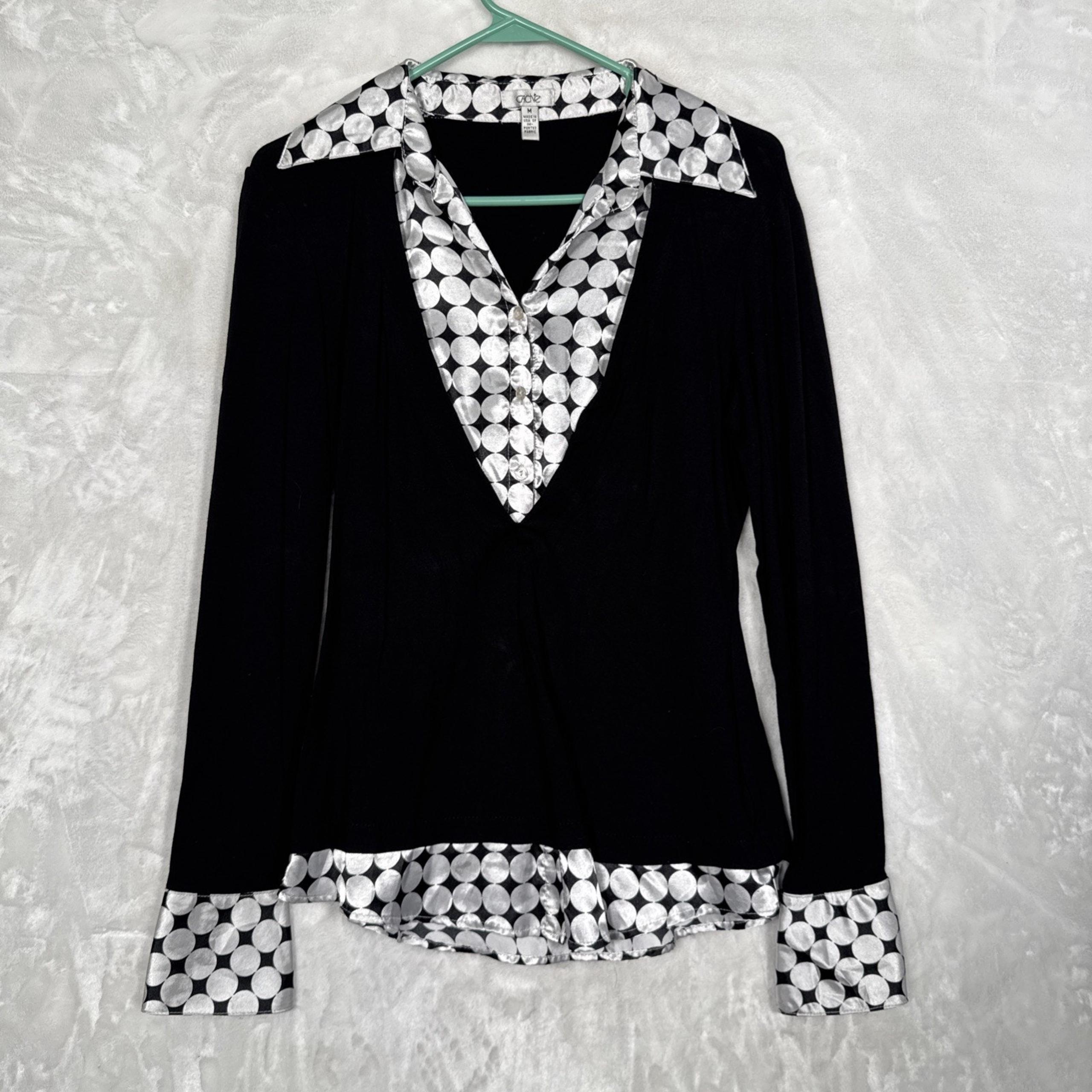 CACHE Black & White Collared V-Neck Long Sleeve Combo Blouse Size- M 70’s Disco