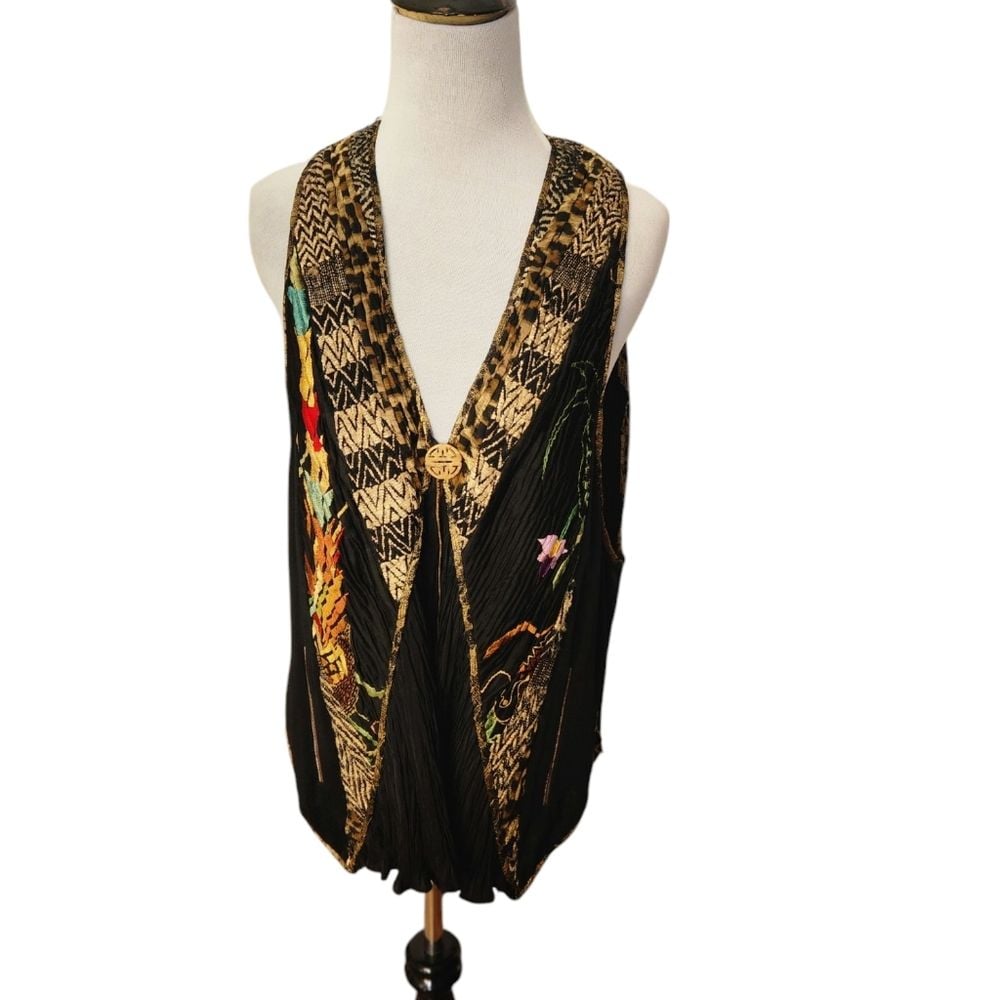 Vintage Kaneka Los Angelos Silk Blend Embroidered Draped Vest Large