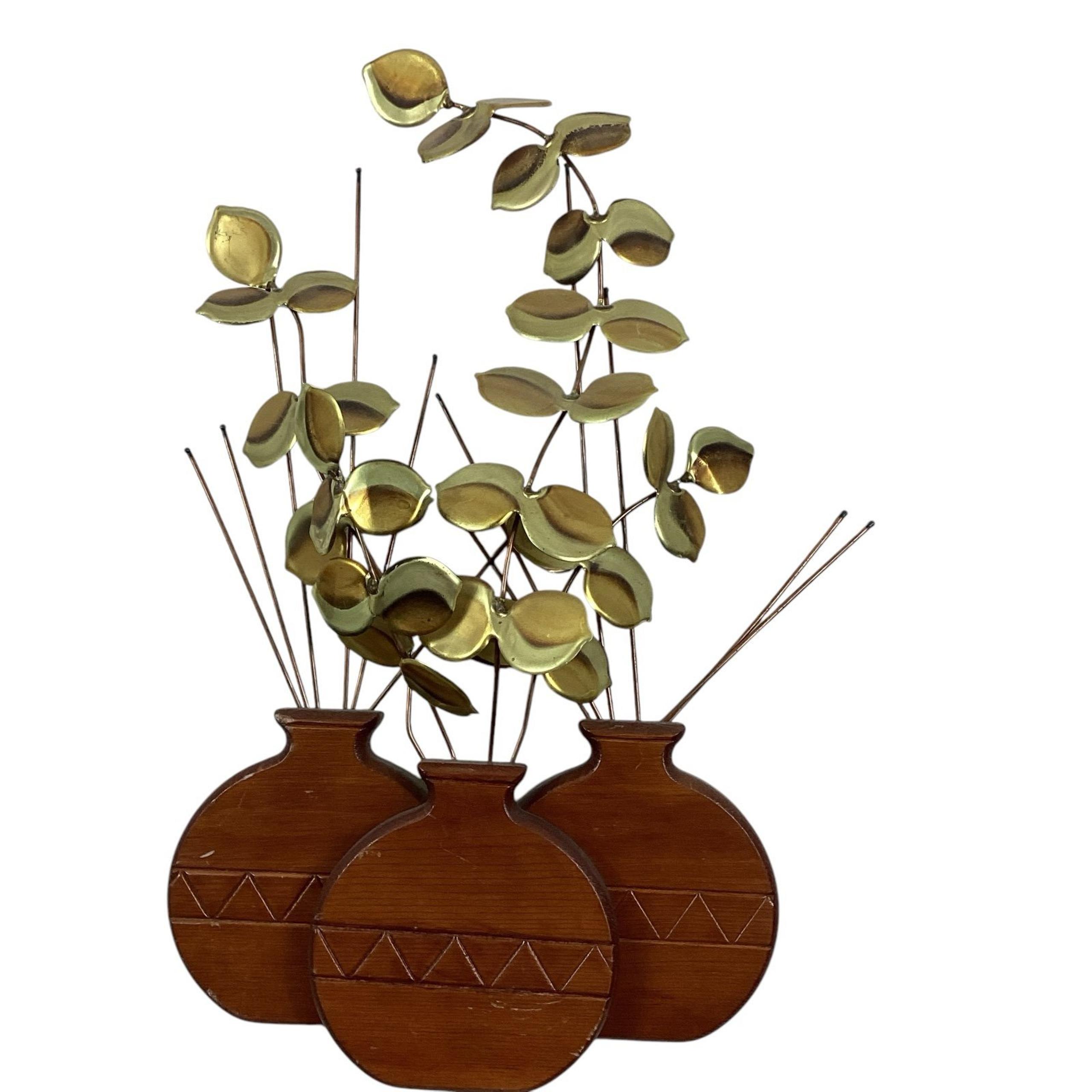 Vintage MCM Hopi Sculpture Wood Planter Brass Leaves