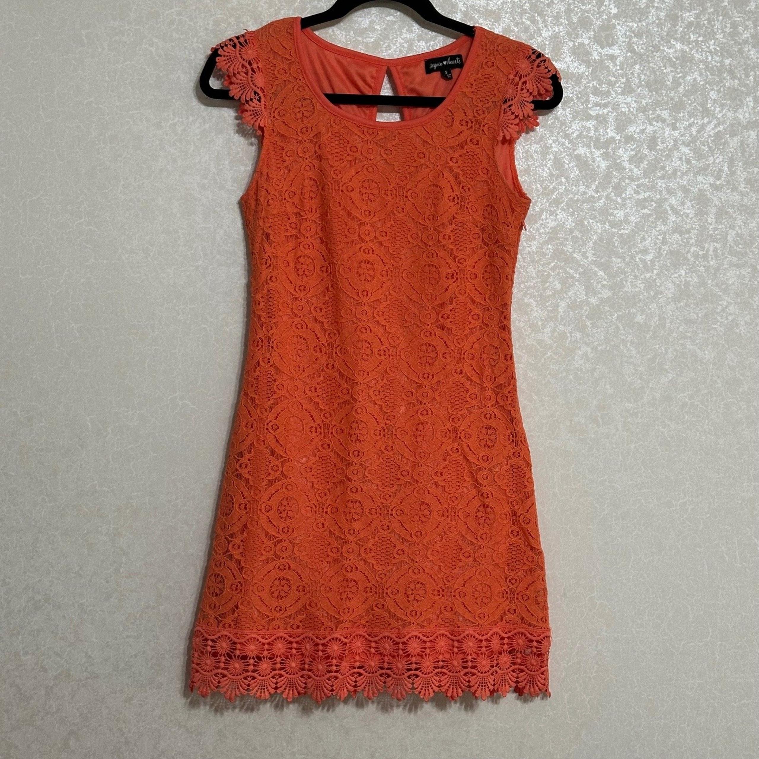 Sequin Hearts Orange Crochet Lace Mini Dress Cap Sleeve Sheath Keyhole Lined S