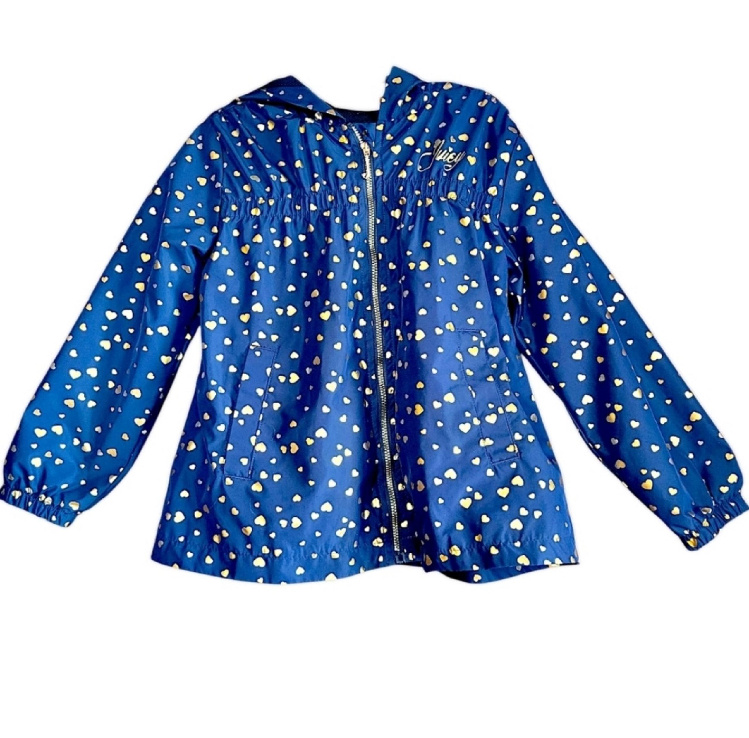 JUICY COUTURE GIRLS SIZE 5 BLUE AND GOLD HOODED RAIN JACKET W/ HEART DESIGN