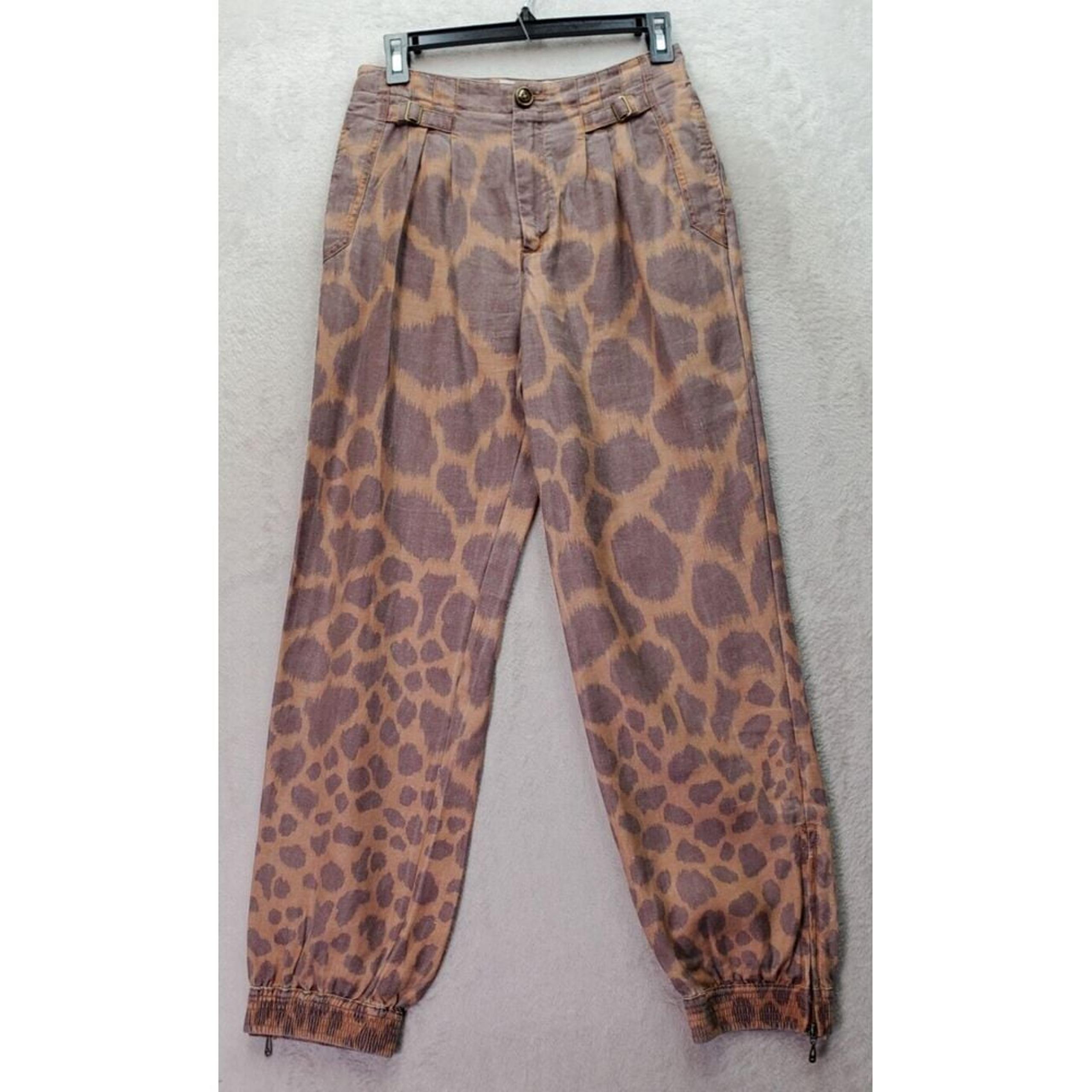 Anthropologie Jogger Pants Women's Size 0 Brown Animal Print Pleated Ankle Zip