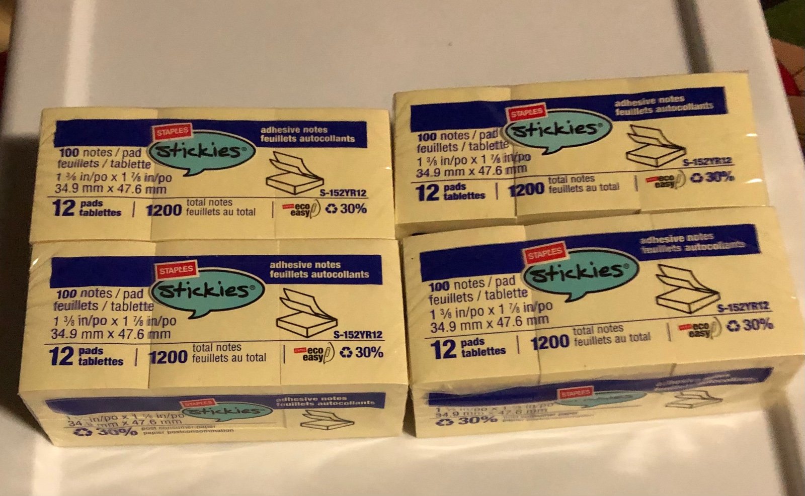 4 pk , total of 4,800 Staples Stickies Adhesive Notes 1-3/8 x 1-7/8 12 per pk