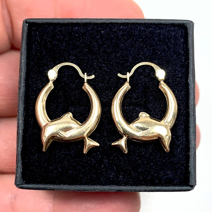 14k Solid Yellow Gold Hollow Dolphin Hoop Earrings (.84 inch) (1 gram)