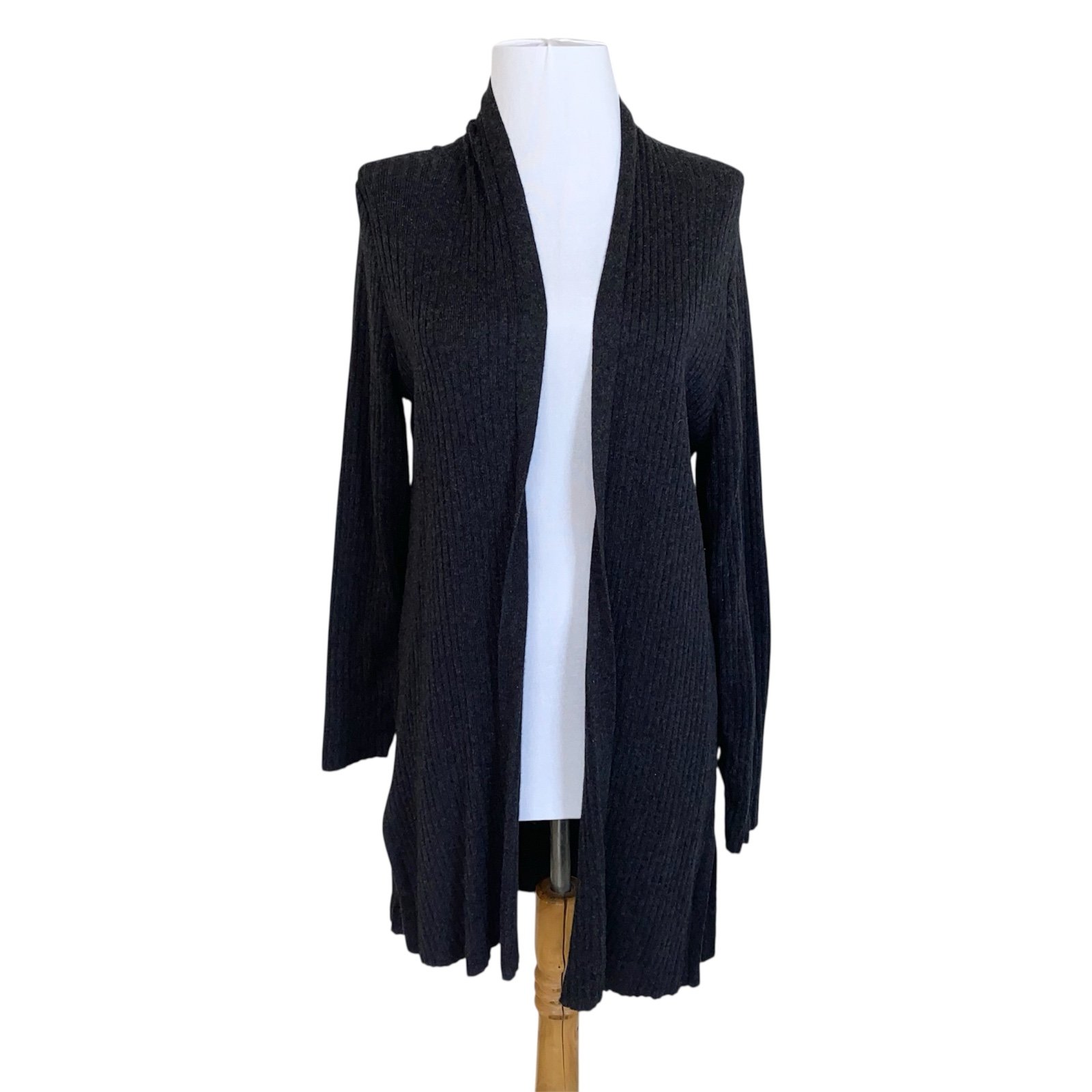 Eileen Fisher Charcoal Gray Rib Knit Open Front Long Cardigan Sweater SZ M