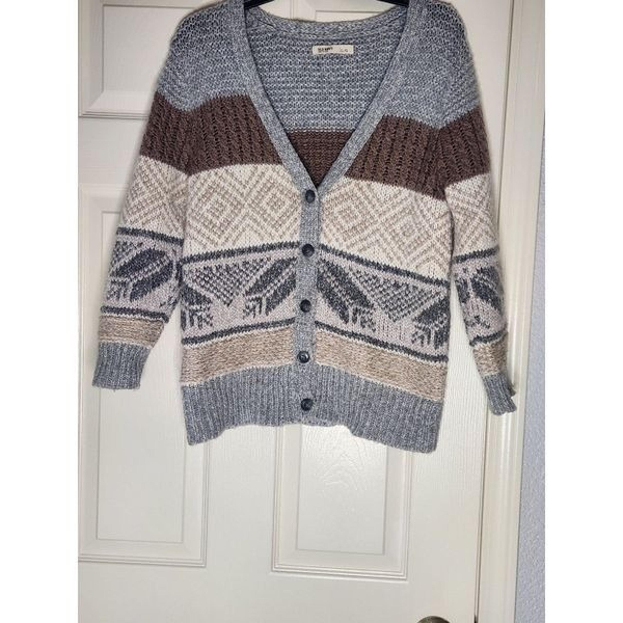 Old Navy L Gray White Brown Knitted Lngslv WOOL Blend Buttons Up Women Cardigan