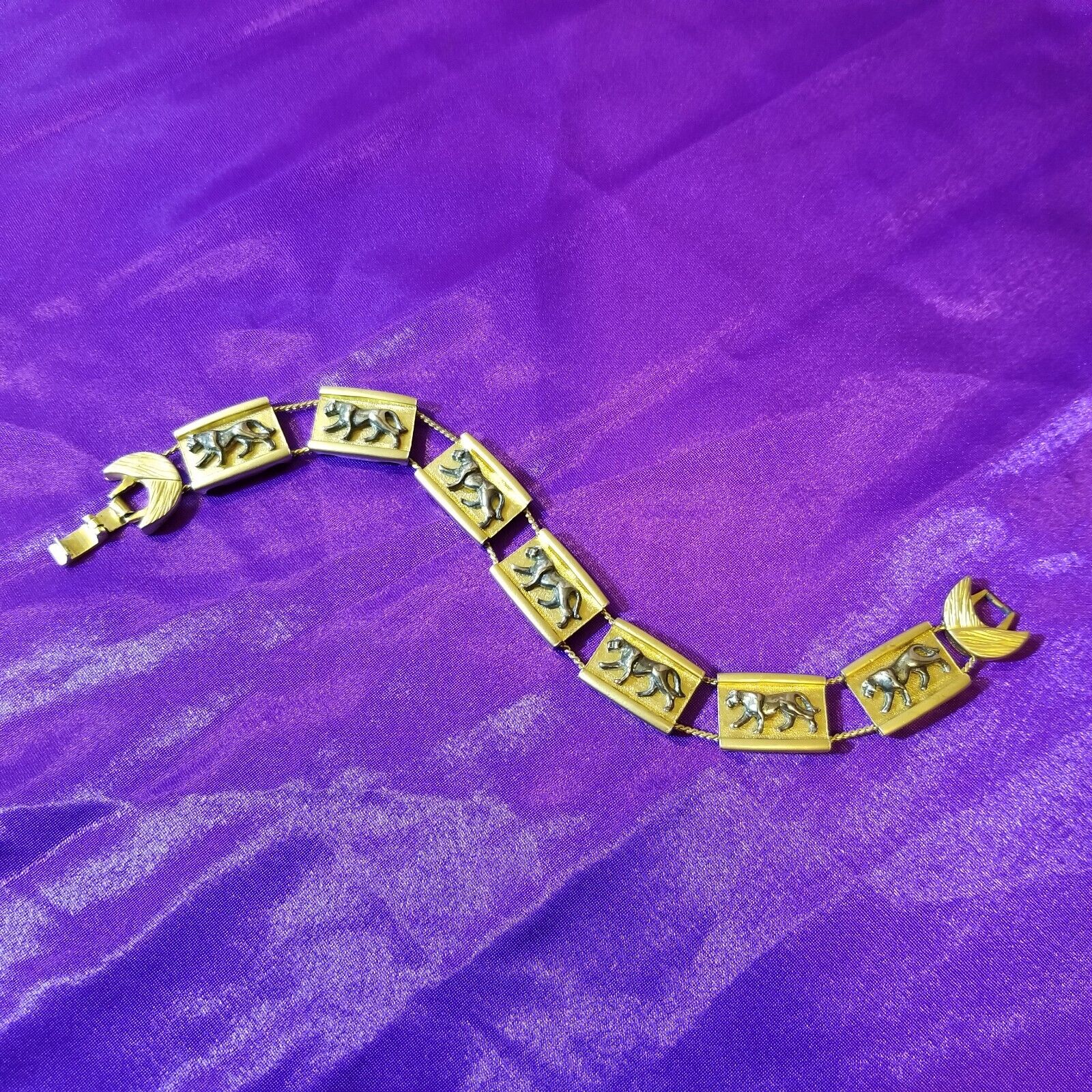 Panther Double Chain Slide Bracelet Gold Tone Vintage Cat Puma Charm 7 & 5/8