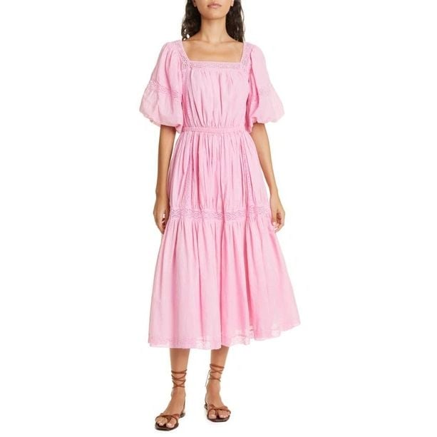 Mille Resort & Travel Talitha Tiered Lace Dress Bubblegum Womens XS Midi Boho