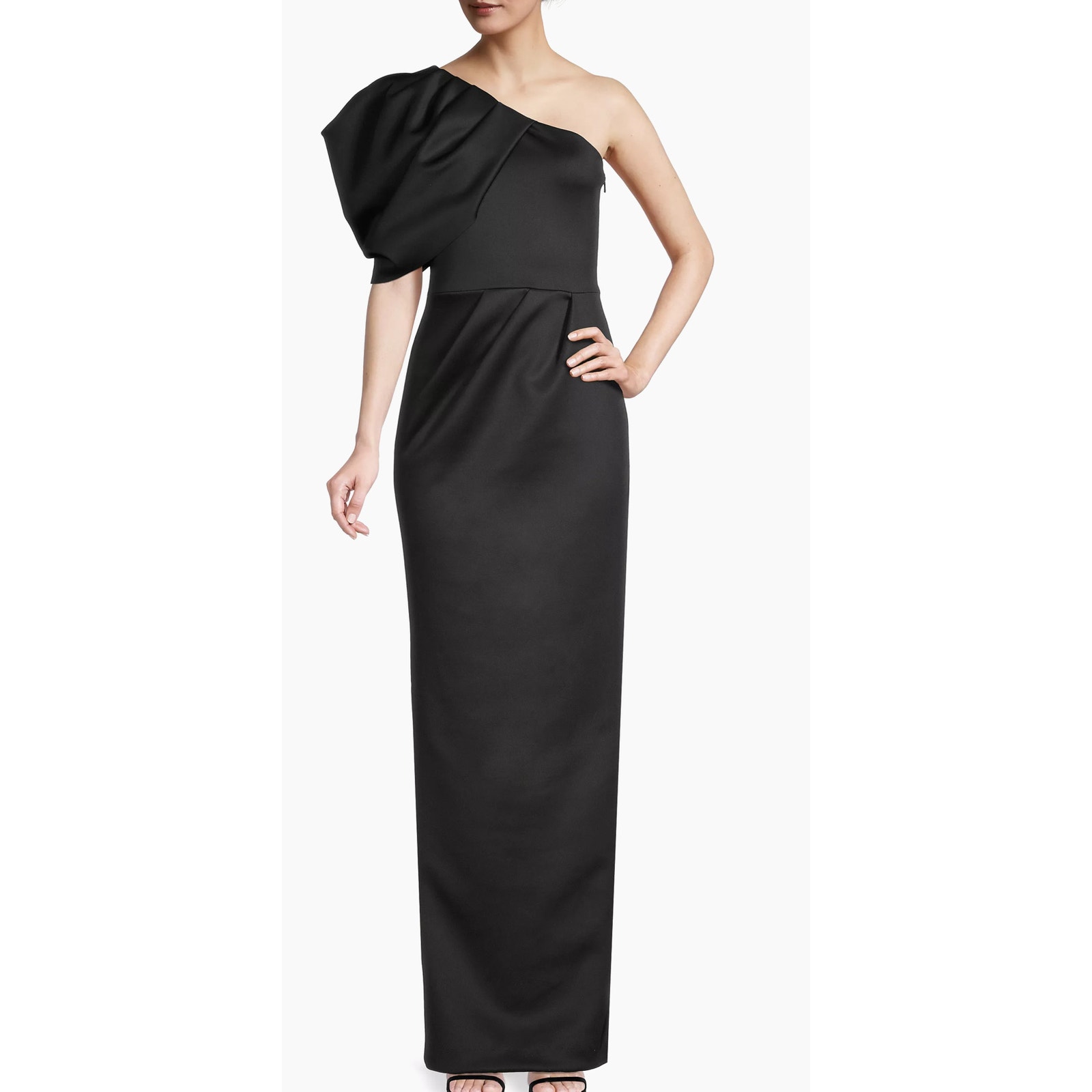 Black Halo Eve Egan One-Shoulder Gown in Black. Size 2. New! 525 Retail