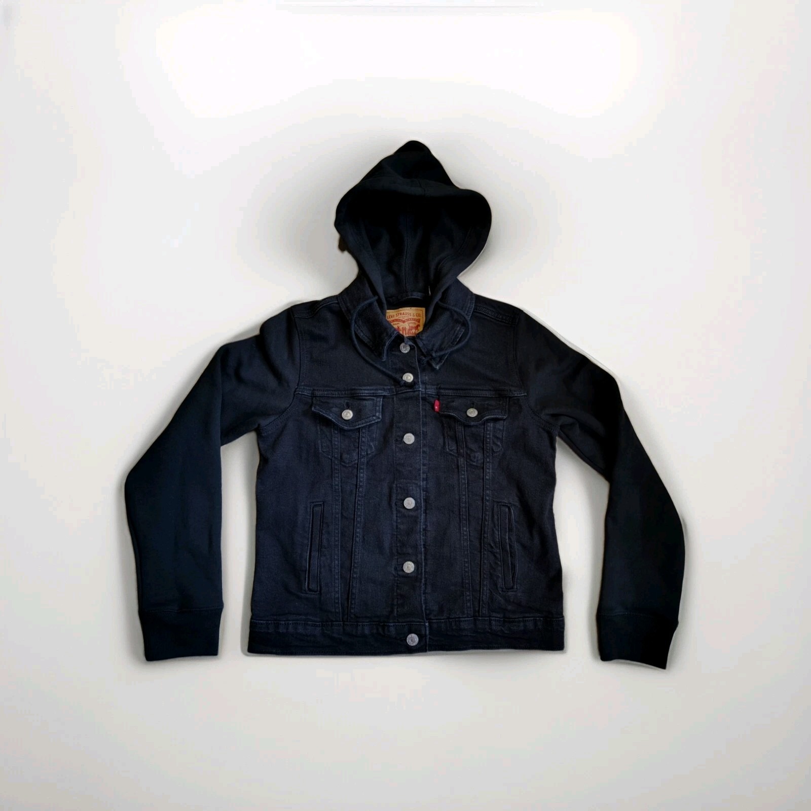 Levi's Hybrid Trucker Jacket Women's M Black Denim Long Sleeve Hooded Cotton