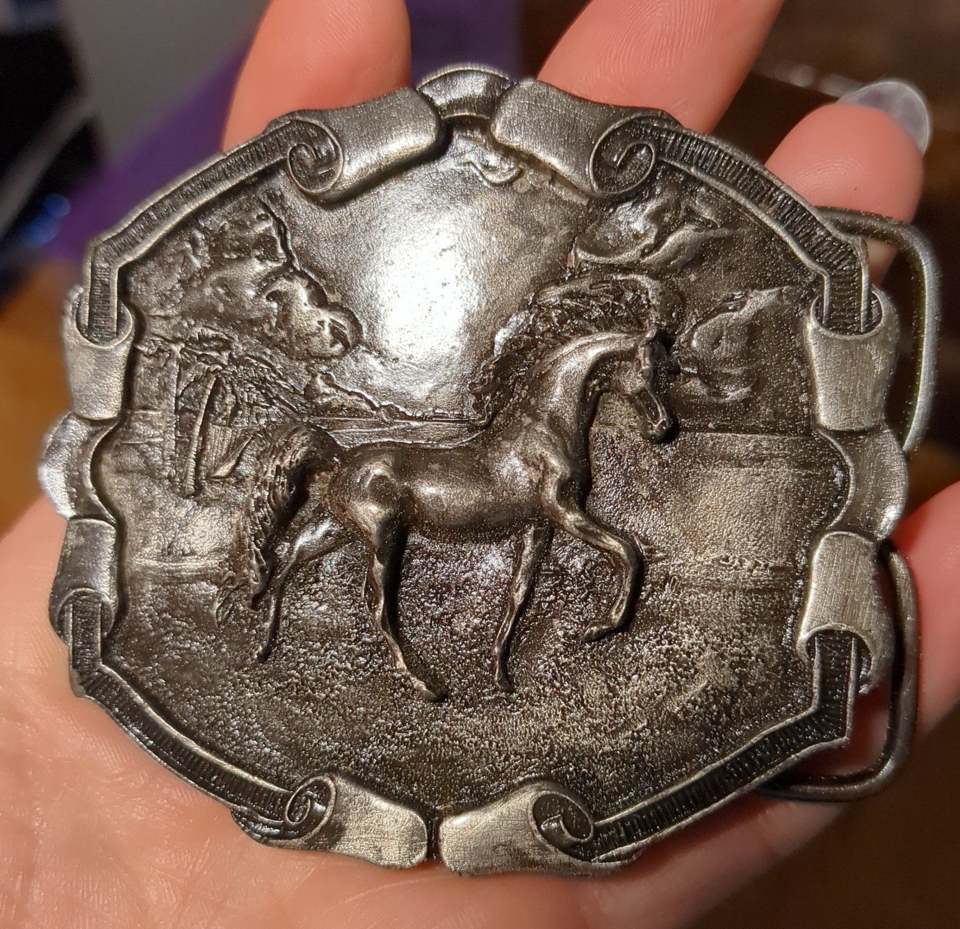 Vintage 1976 Bergamot Brass Works Darien Wisconsin USA Horse Belt Buckle
