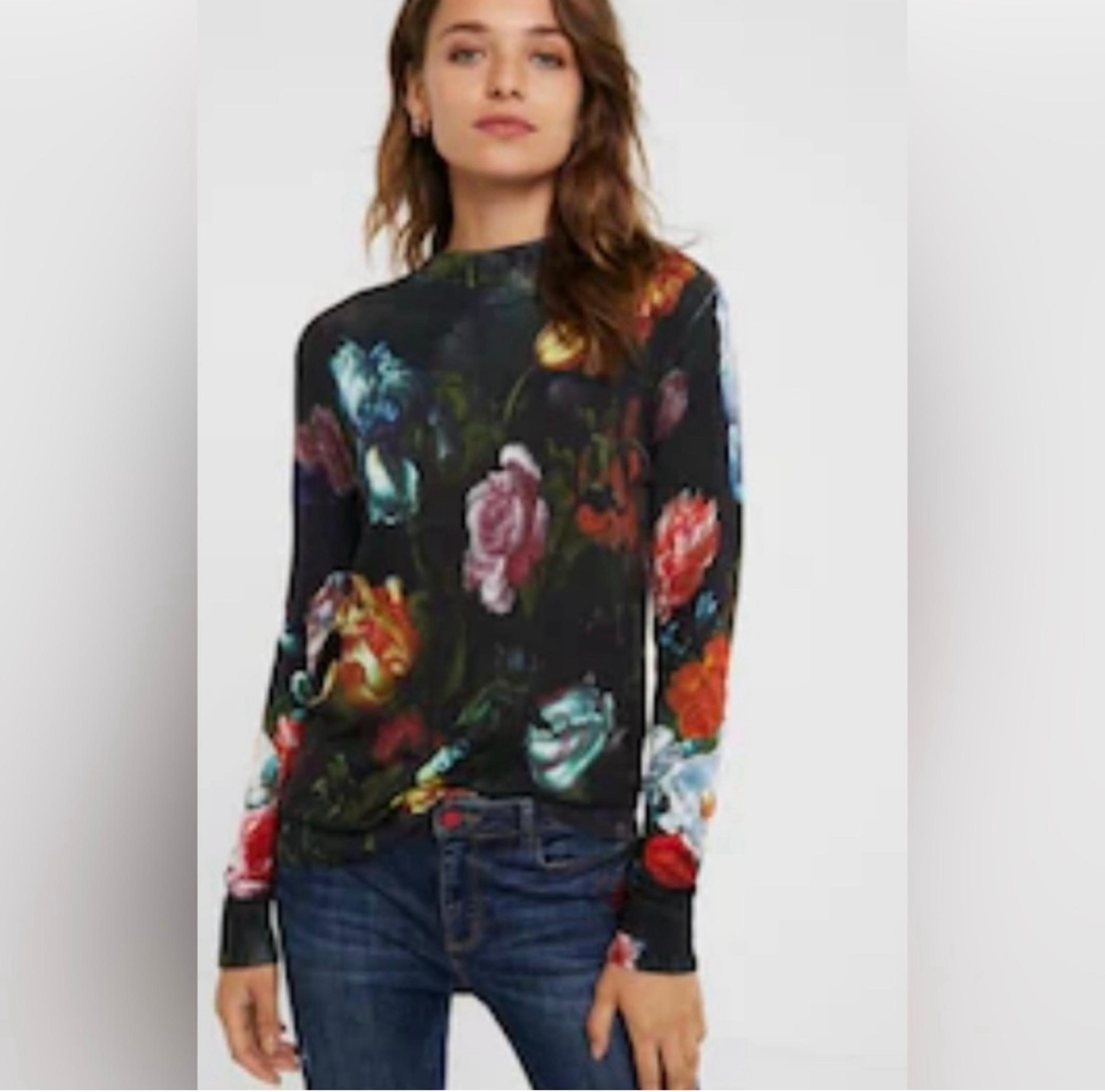 Desiqual High Neck Floral Long Sleeve Sweater, Sz L