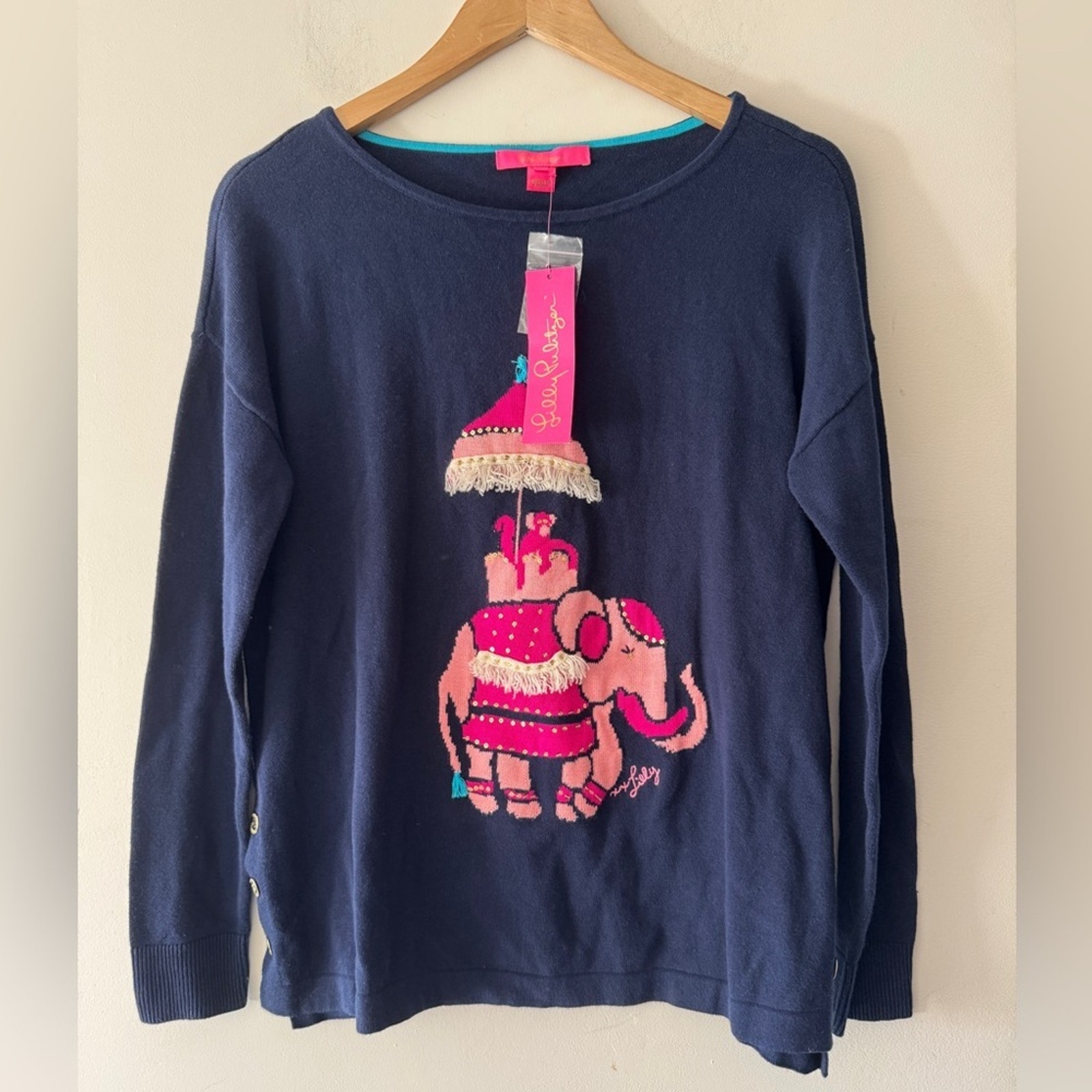 NEW!! Lilly Pulitzer Caralynn Sweater Navy Elephant Intarsia Wool Embroidered