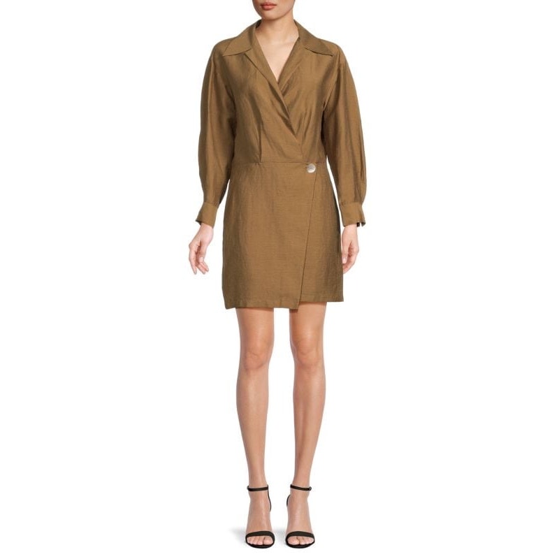 Vince Linen Blend Mini Wrap Dress in Dark Almond Old Money Resort Wear Office