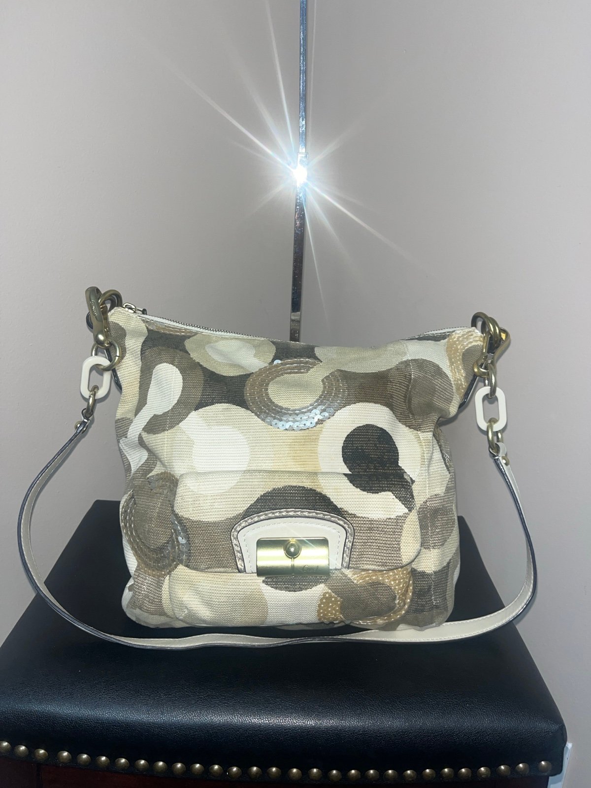 Coach Kristin Signature Sequin Canvas Buckle Zipper Hobo Shoulder Bag 14860