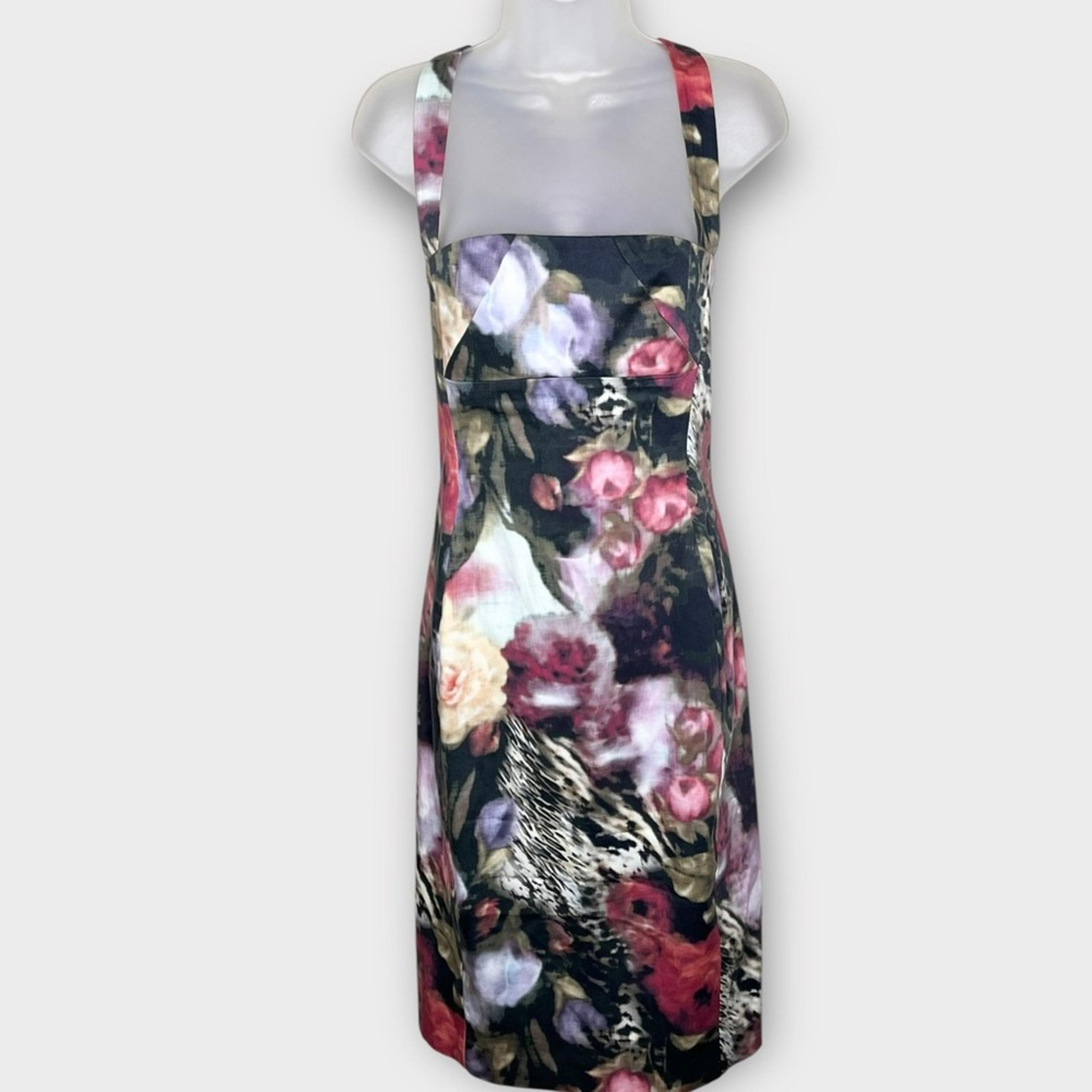 BLACK HALO moody watercolor floral square neck midi pencil sheath dress size 4