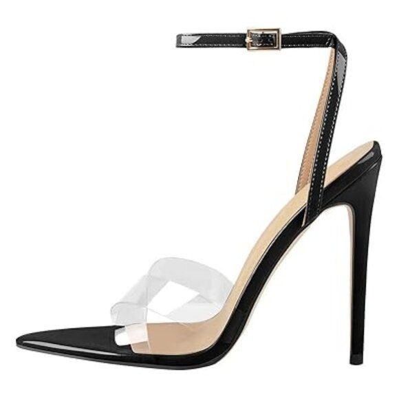 FSJ Women Clear Peep Toe Cross PVC Band Stiletto High Heel Ankle Strap Slingback