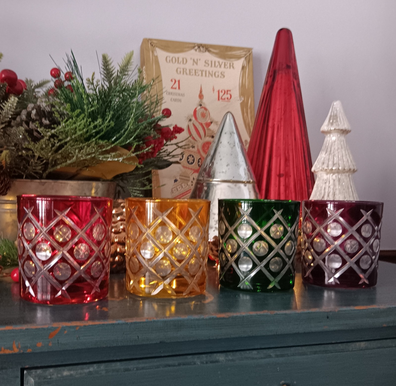 Rare Williams Sonoma Cut Clear Regency Double Whiskey Old-Fashioned Jewel Tones