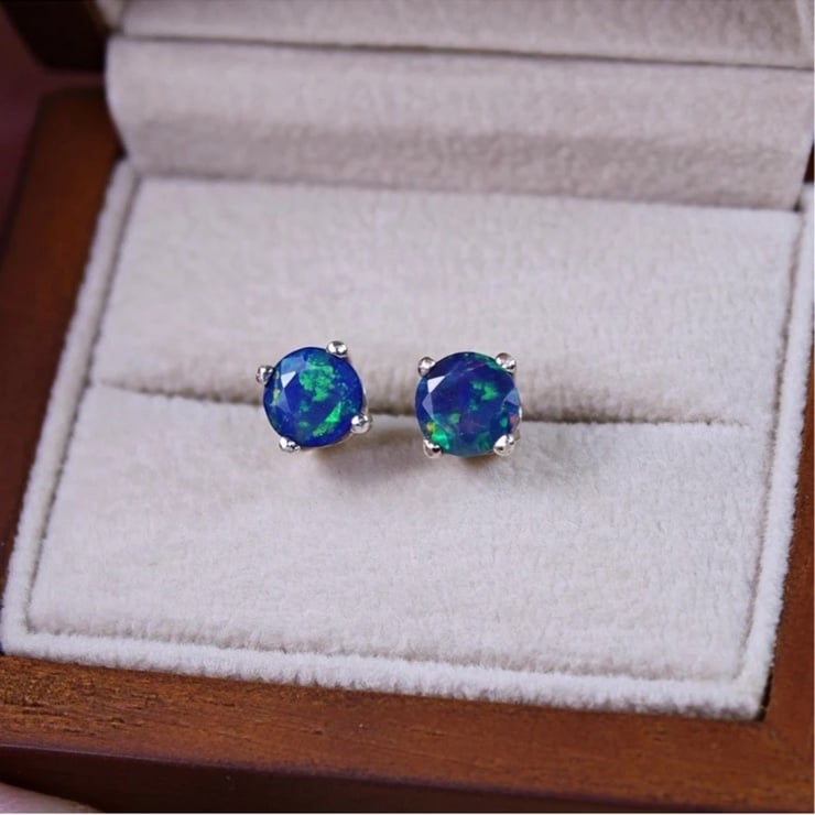 Genuine Dark Blue Ethiopian Opal Stud Gemstone Earrings, NWT