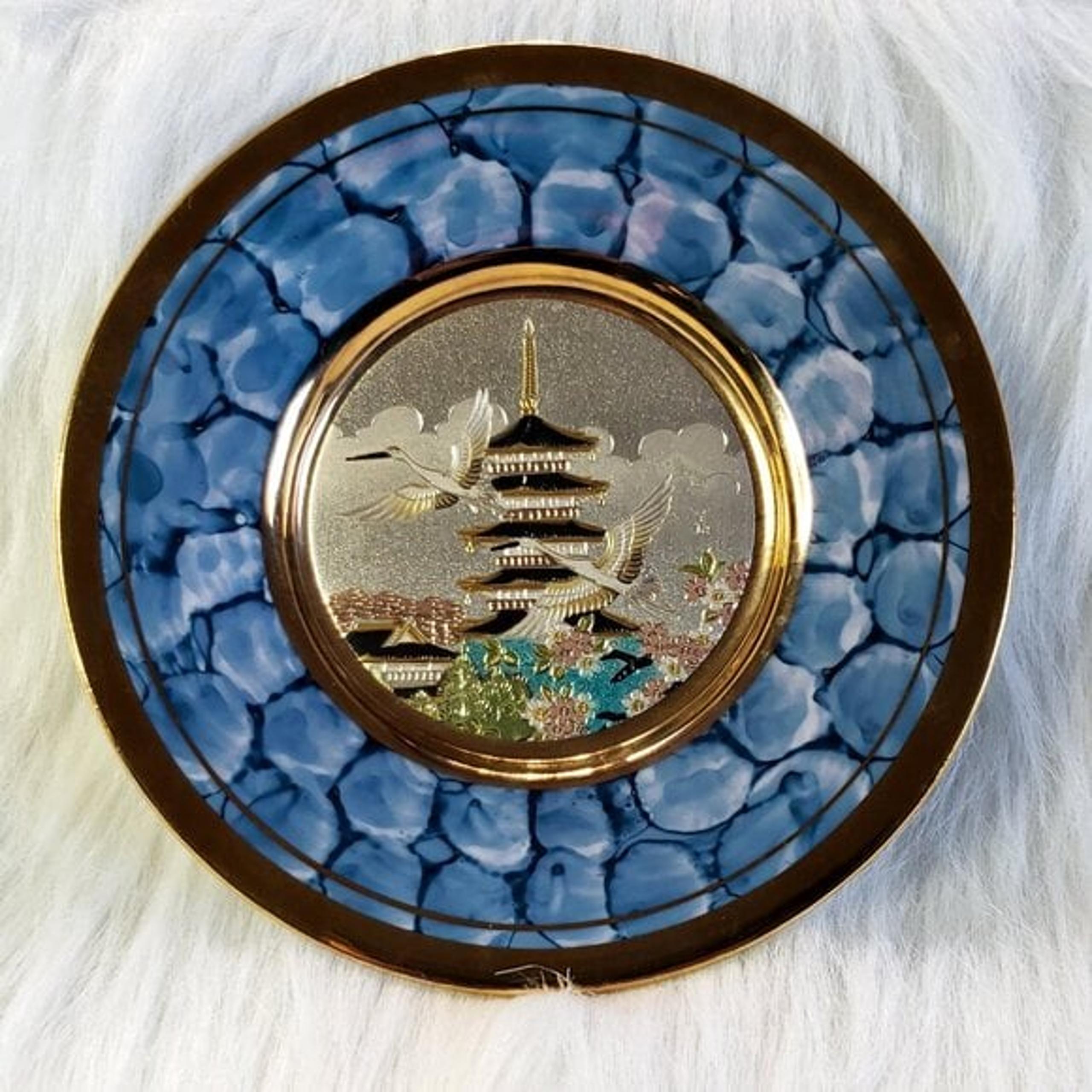 Decorative Vintage Plate Japanese Pagoda Bird Art of Chokin