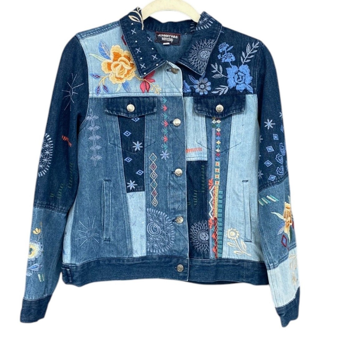 Johnny Was Floral Embroidered Denim Jacket Boho Patchwork Blue Jean Small