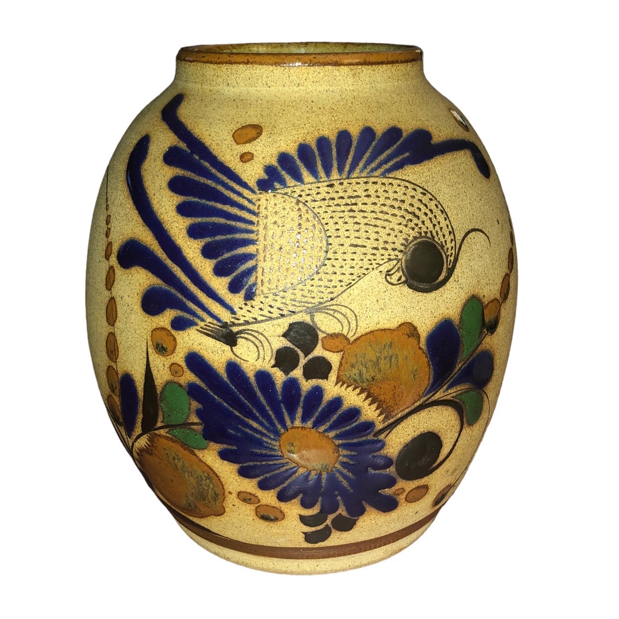 Vintage TONALA 8 Mexican Folk Art Pottery Floral Bird Flowers Vase Brown Blue