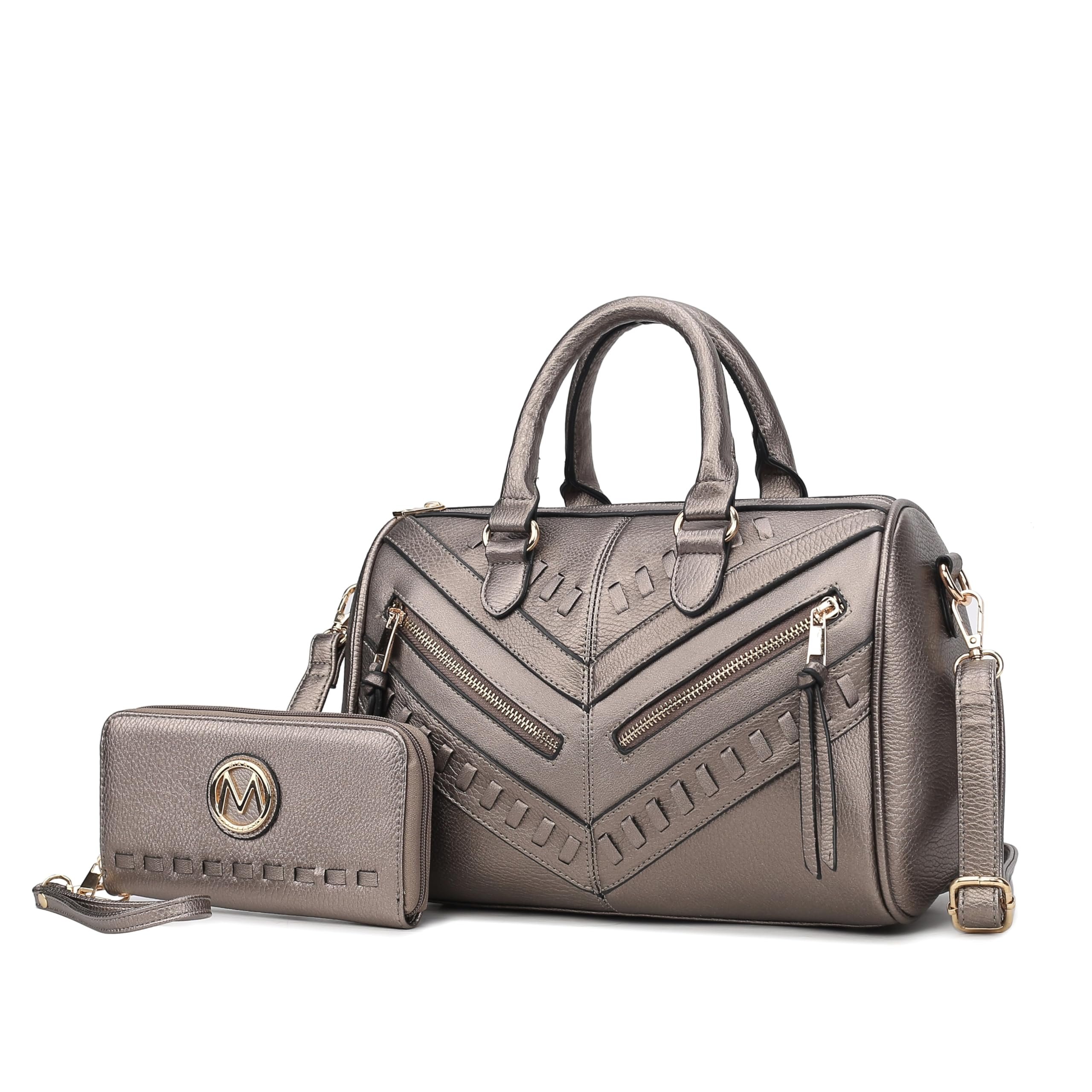 Elegant Women'S Satchel Satchel With Wallet, Vegan Textured Top Handle