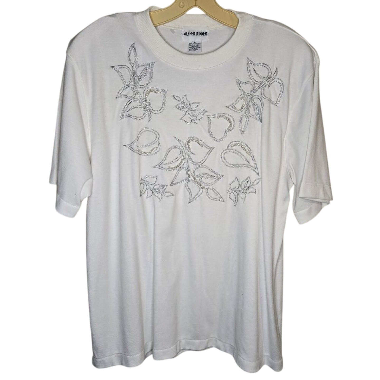 Alfred Dunner White Silver Embroidered Pearl Leaf Design Top Size XL 0325