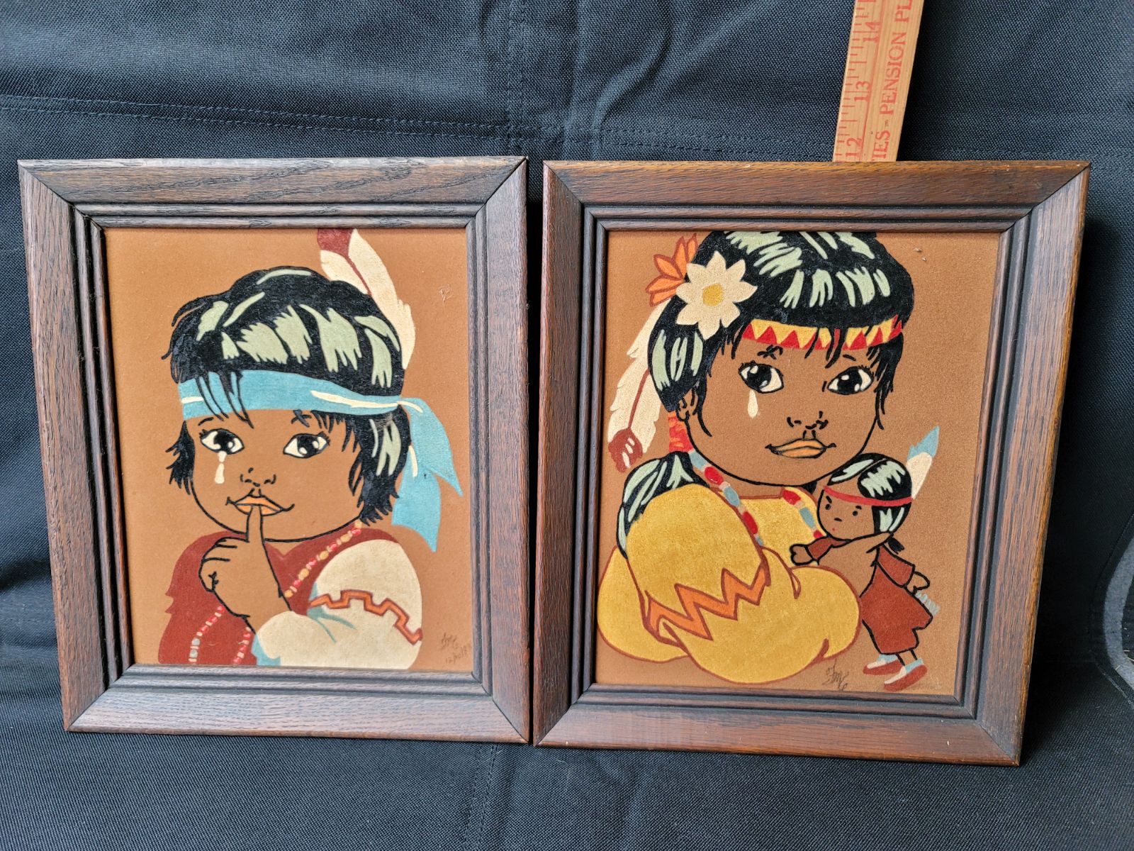 Vintage Pair Hand Painted Velvet Art Indian Children Wood Framed
