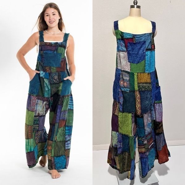 Gardenbelle Shop Patchwork Boho Wideleg Overall OS Boho Hippie Cottage Oversize