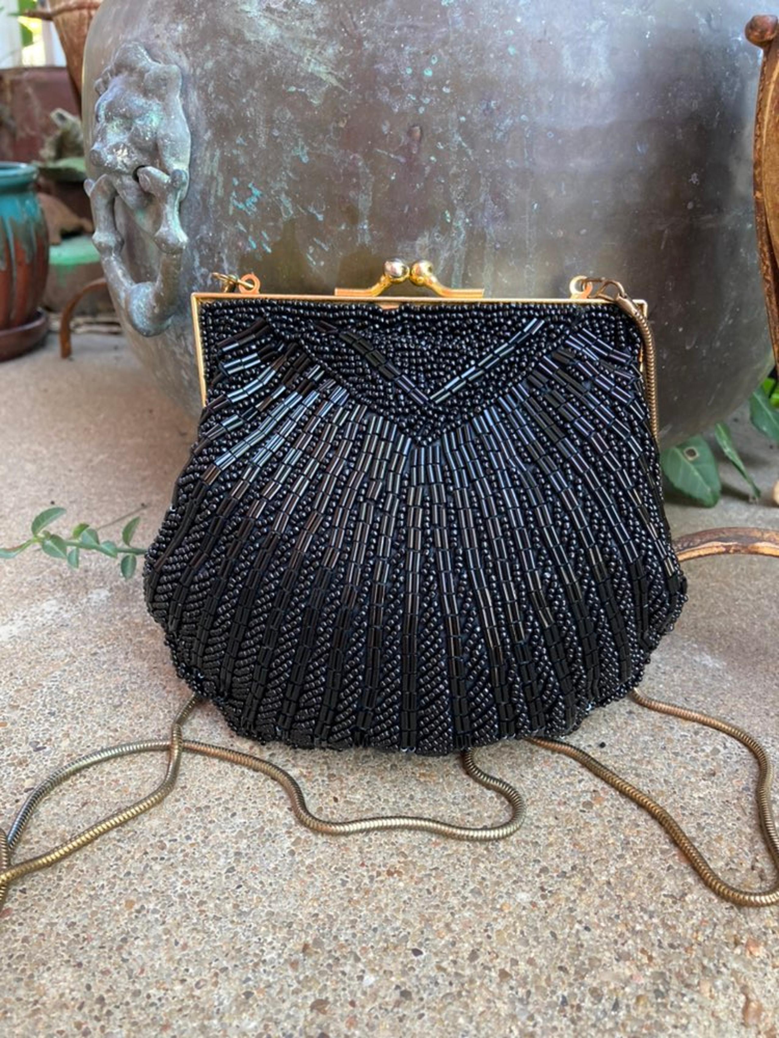 Vintage 1970's Bechamel Purse Shiny Black Beaded Evening Purse