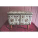 LARGE VTG. FOUR FOOTED SEWING BASKET WITH VINYL EXTERIOR