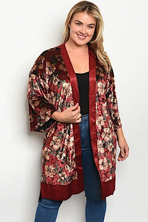 Womens BURGUNDY FLORAL PLUS SIZE Robe
