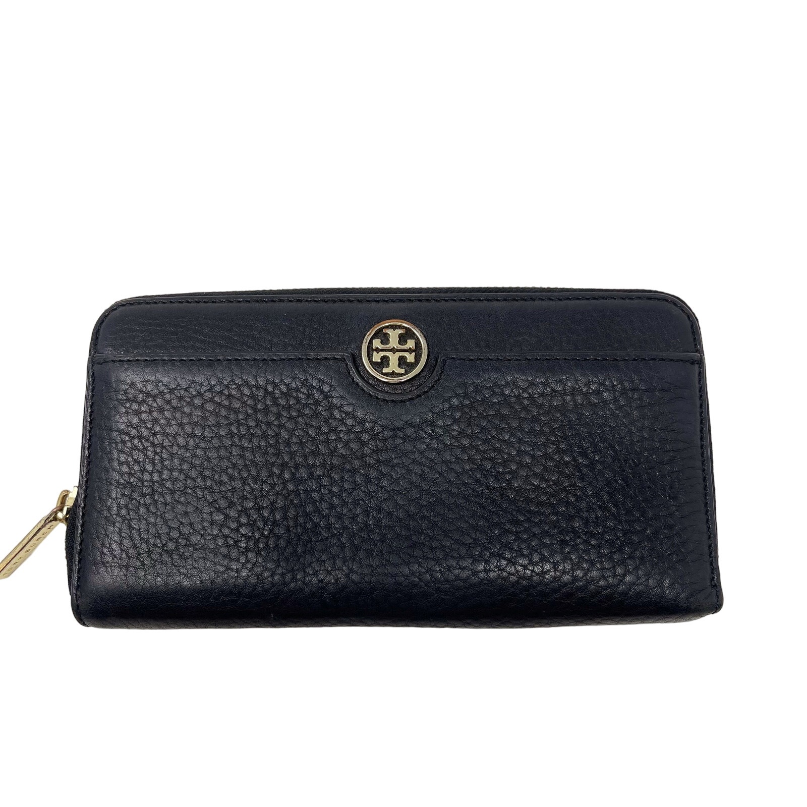 Tory Burch Black Landon Zip Around Continental Wallet Pebbled Leather Gold Tone
