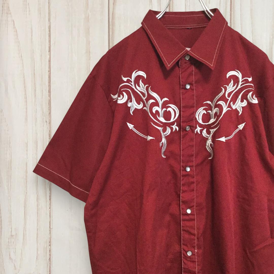 【USA Vintage Rare Embroidered Design Short Sleeve Shirt】Western Style XL Size Burgundy
