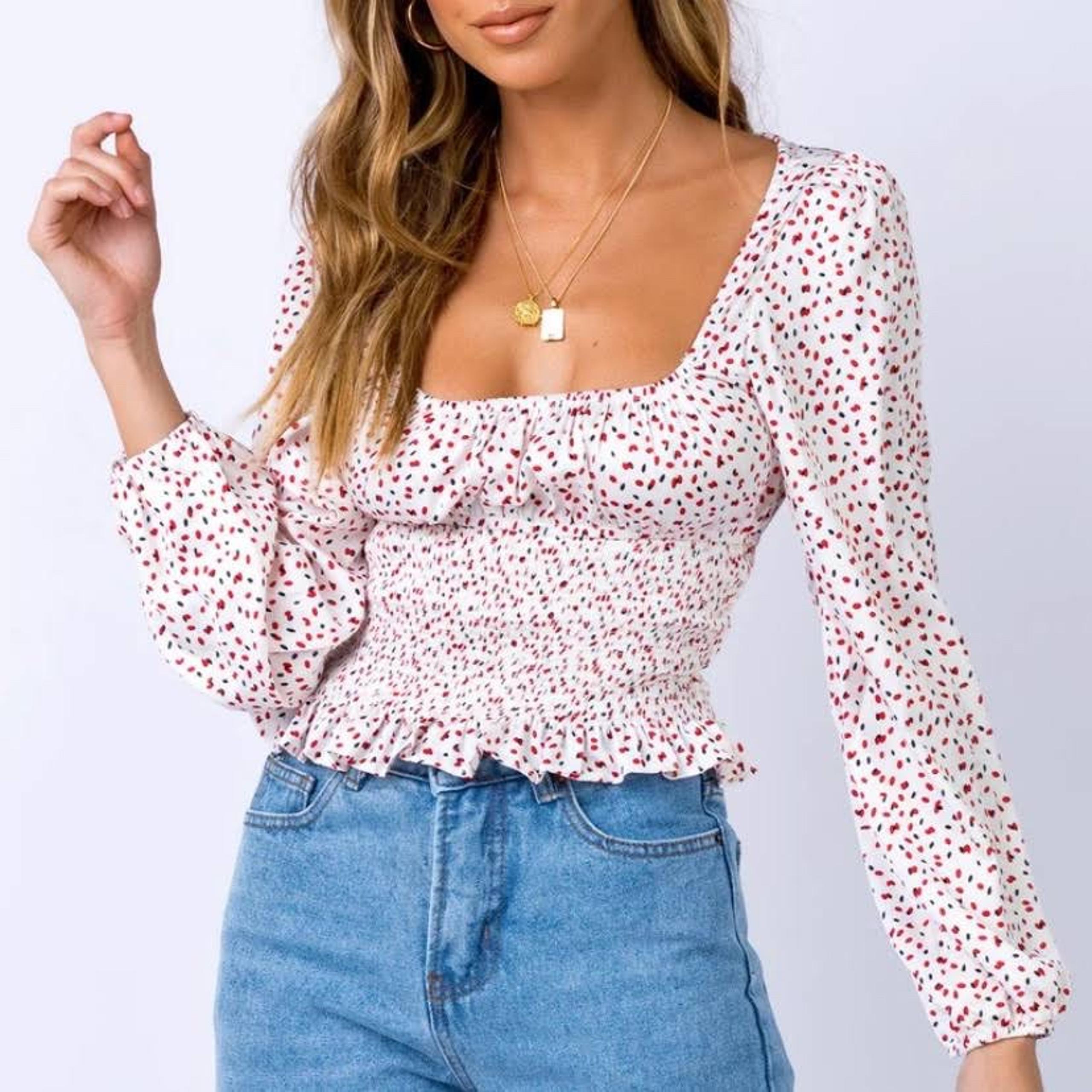 PRINCESS POLLY Women's US Size 6 Red & Black Polka Dot Cute Cropped Top Blouse